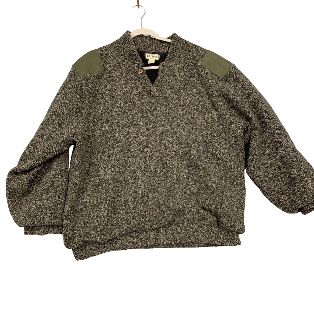 Vintage L.L. Bean Sweater Mens XL Wool Henley Mock Neck Lined Shoulder Patches
